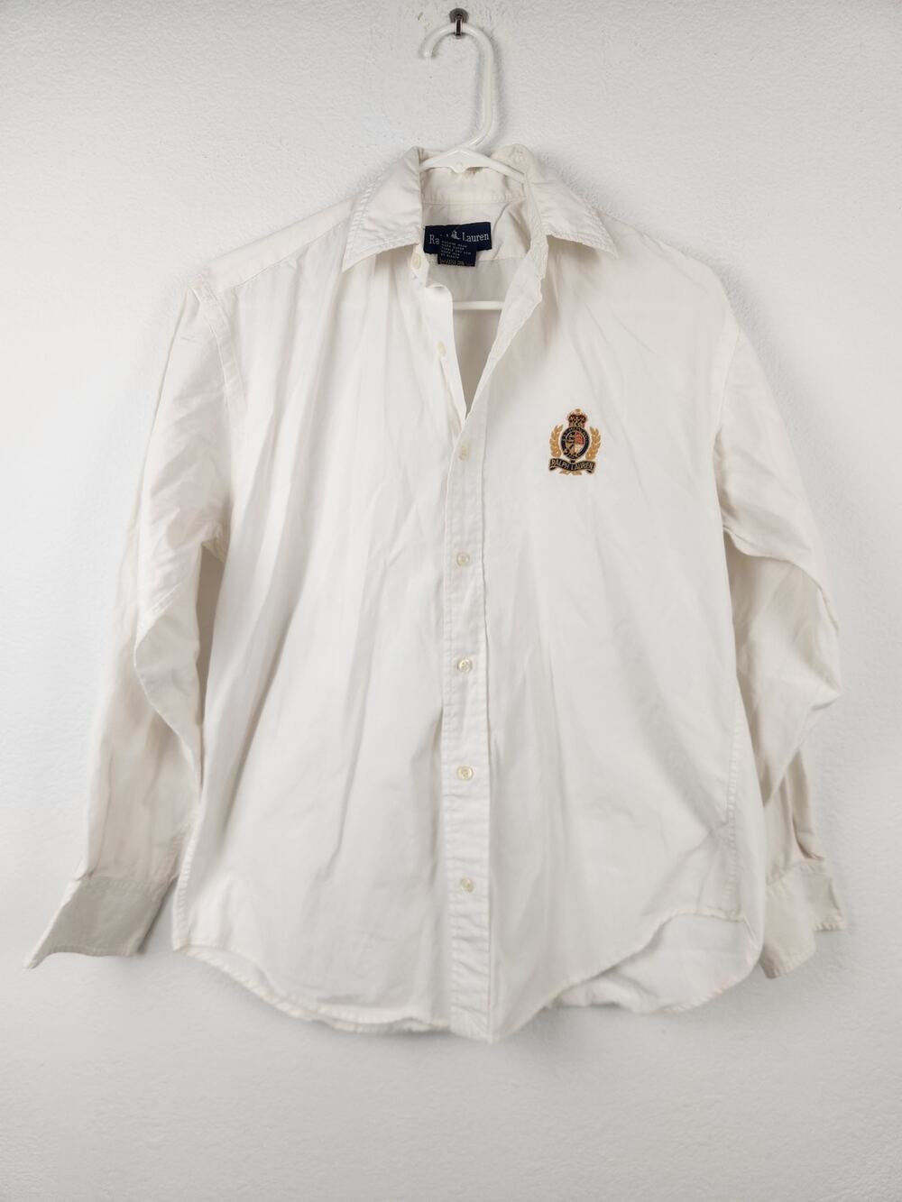 Vintage Ralph Lauren Blouse White Button Down Size 6 Logo Long Sleeve